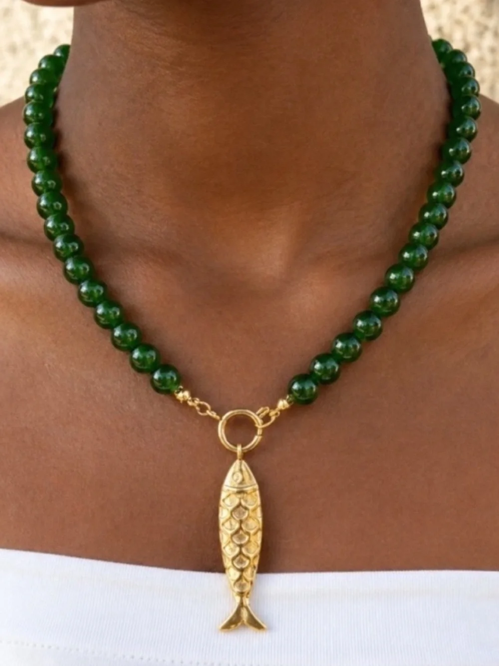 New! Coastal Green Glass Beaded Gold Fish Necklace (4014) NWOT